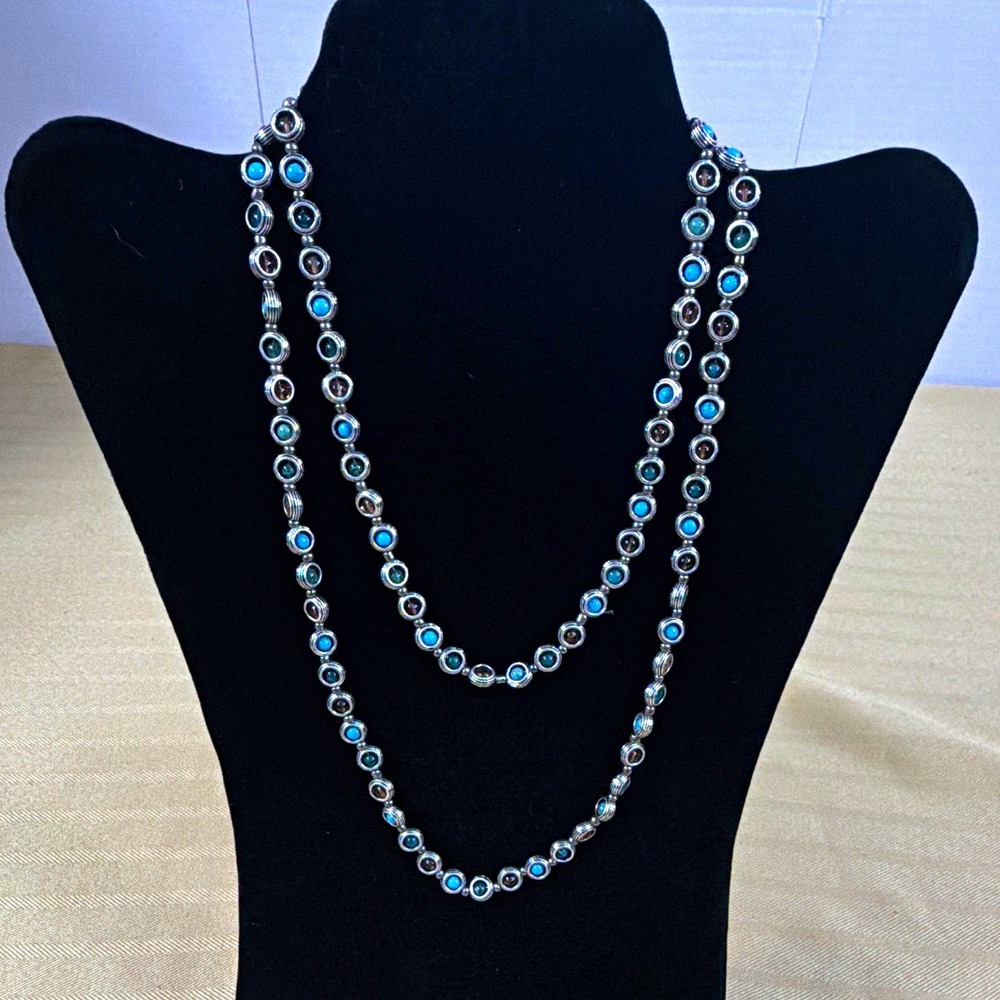 Premier Designs Silver Tone Station Necklace Bezel Round Glass Stones 36 in